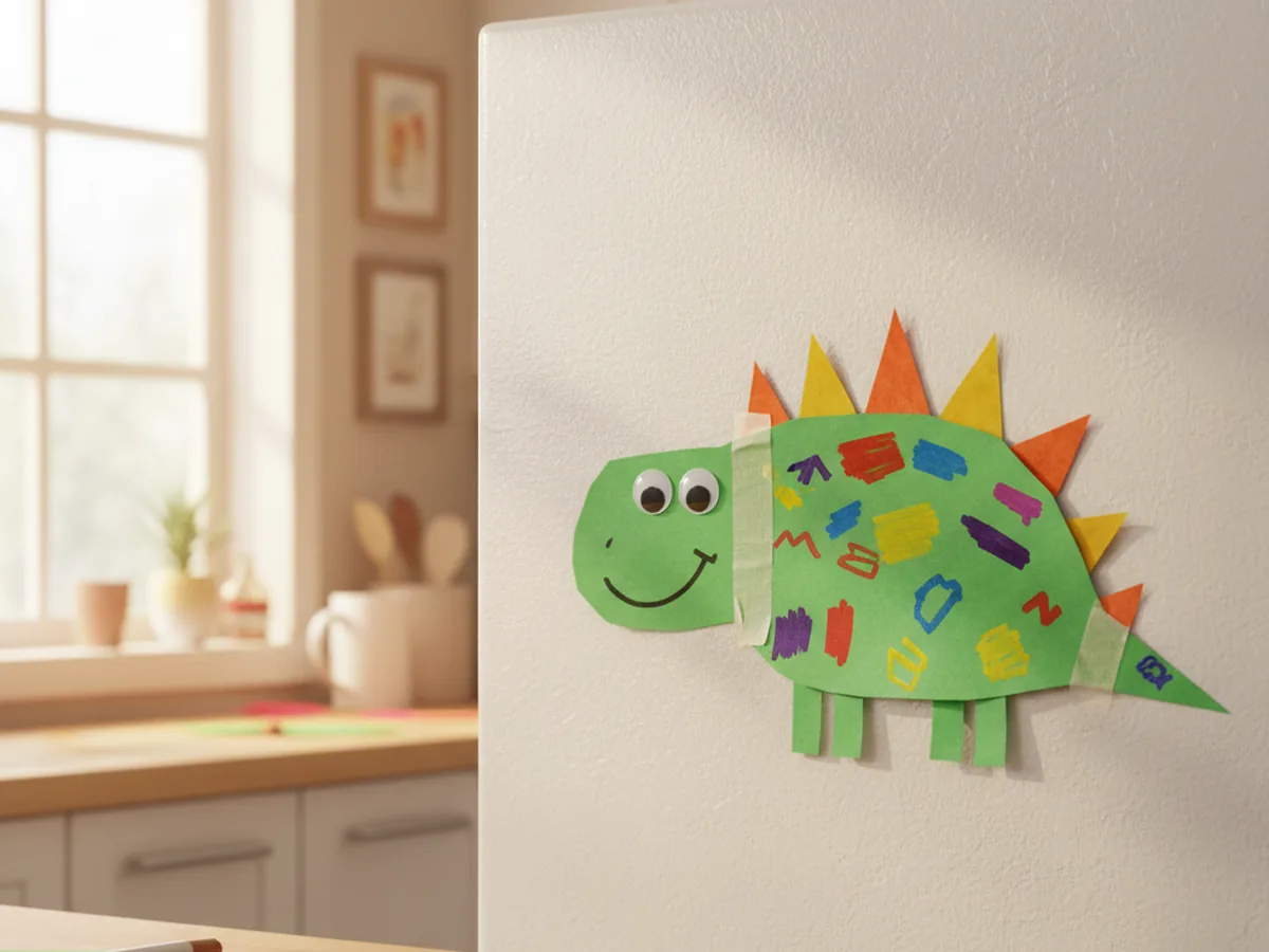 A finished green dinosaur paper craft with orange and yellow back spikes, googly eyes, a smile, and colorful marker spots displayed on a fridge