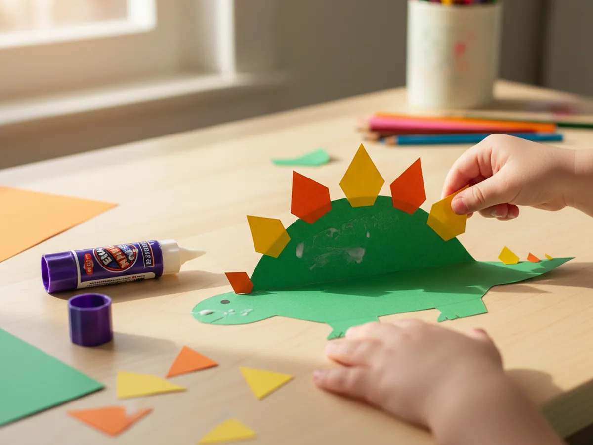 A child gluing orange and yellow paper triangle spikes along the curved back of a green dinosaur body shape