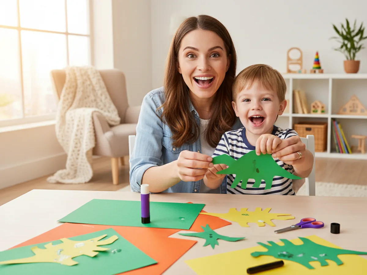A mom and young child sitting at a craft table with green and orange construction paper ready to start a dinosaur paper craft