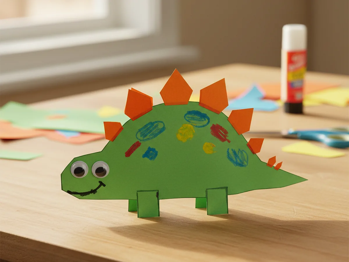 A friendly green stegosaurus-style dinosaur paper craft with orange triangle spikes and a smiling face on a white craft table