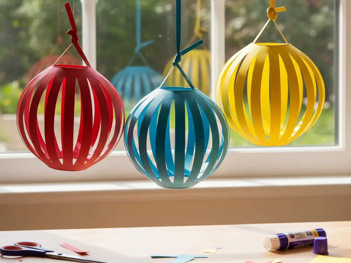 Several handmade paper lanterns in red, yellow, and blue with bowed slit cutouts and paper handles hanging near a window