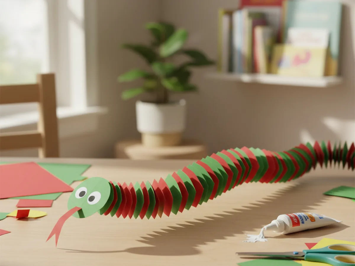 A handmade accordion fold paper snake in red and green with a cut paper head and drawn eyes stretched out on a craft table