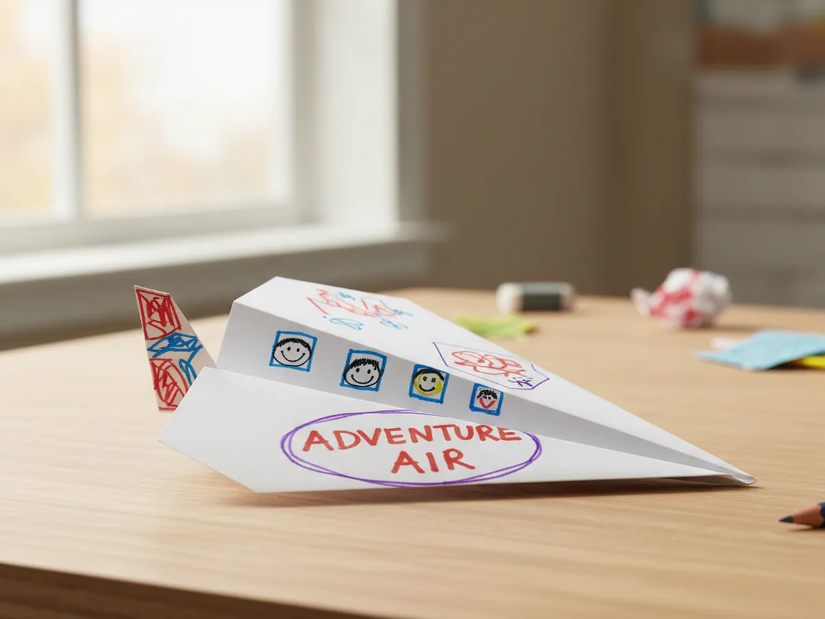 A handmade paper dart airplane decorated with marker drawings and windows resting on a wooden surface