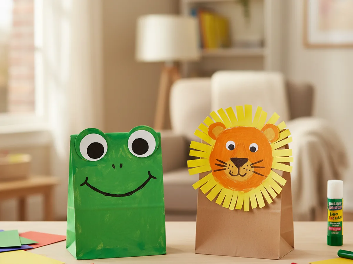 Two handmade paper bag puppets with drawn faces, googly eyes, and paper hair standing upright on a craft table