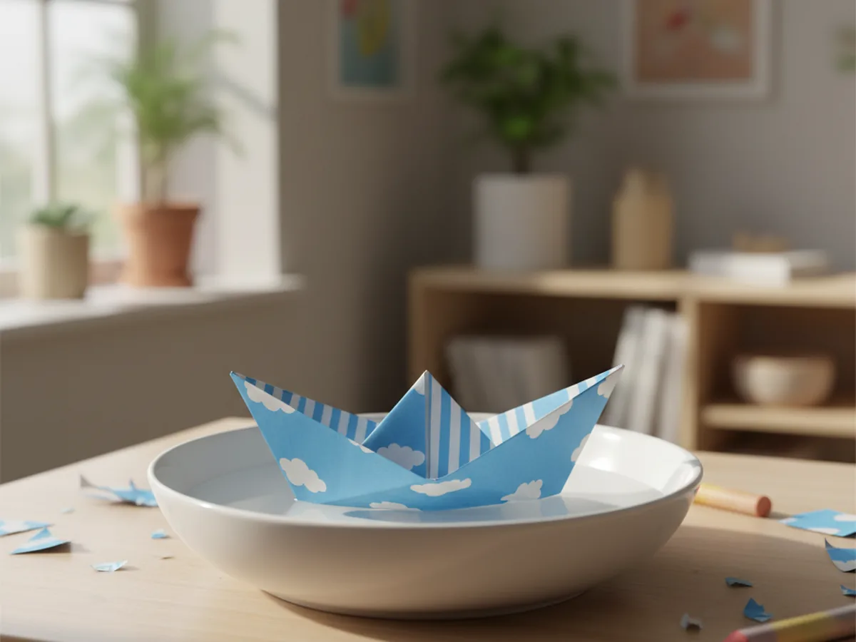 A handmade origami paper boat in blue and white floating in a shallow bowl of water on a wooden surface