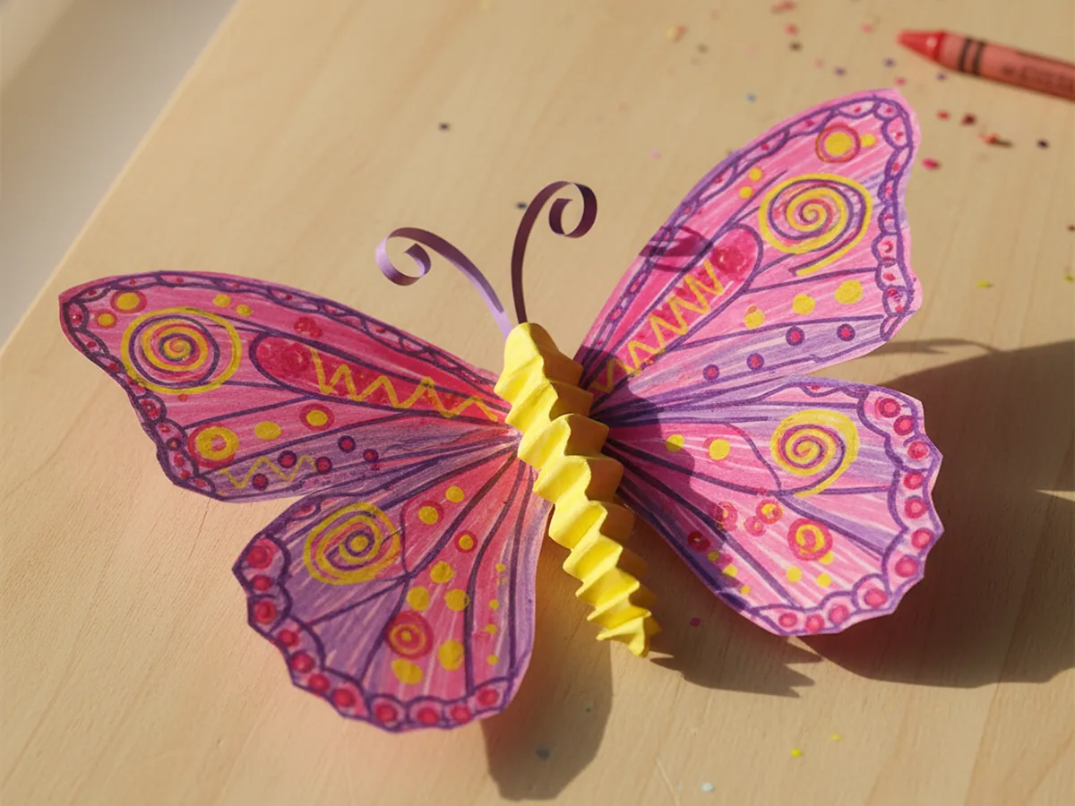 A handmade paper butterfly with colorful patterned wings and an accordion-fold body and curled paper antennae on a craft table