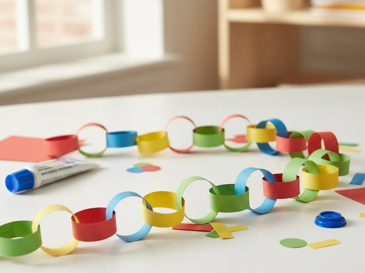 A handmade paper chain garland in alternating red, yellow, blue, and green loops draped across a bright craft table