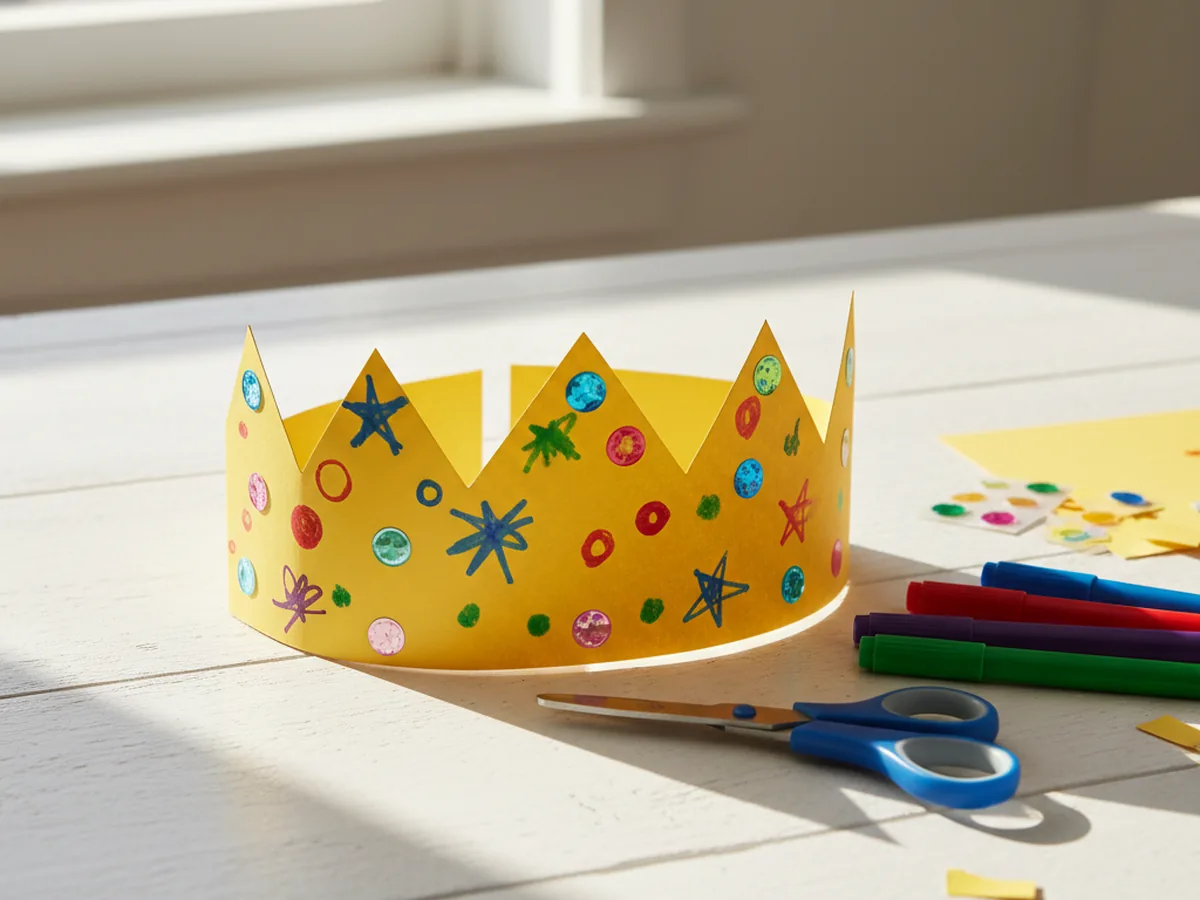 A handmade paper crown with zigzag points decorated with marker drawings and sticker gems on a craft table