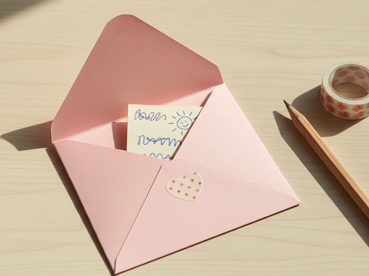 A handmade folded paper envelope card in pastel pink with a washi tape seal and a small handwritten note tucked inside on a craft table