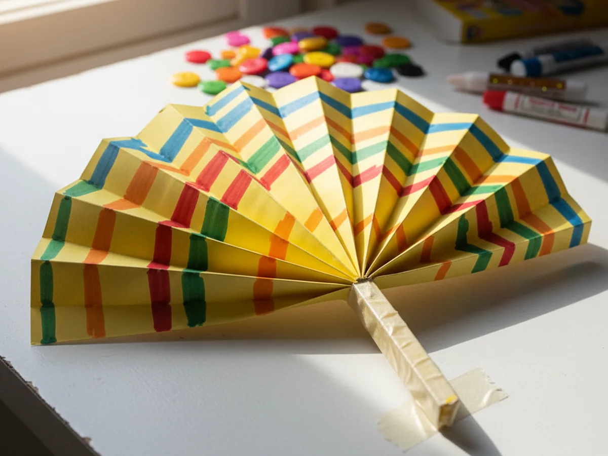 A handmade accordion-folded paper fan decorated with colorful marker stripes held open on a craft table
