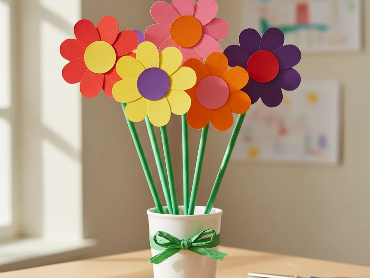 A handmade paper flower bouquet with colorful construction paper blooms on green paper stems wrapped with a ribbon on a craft table