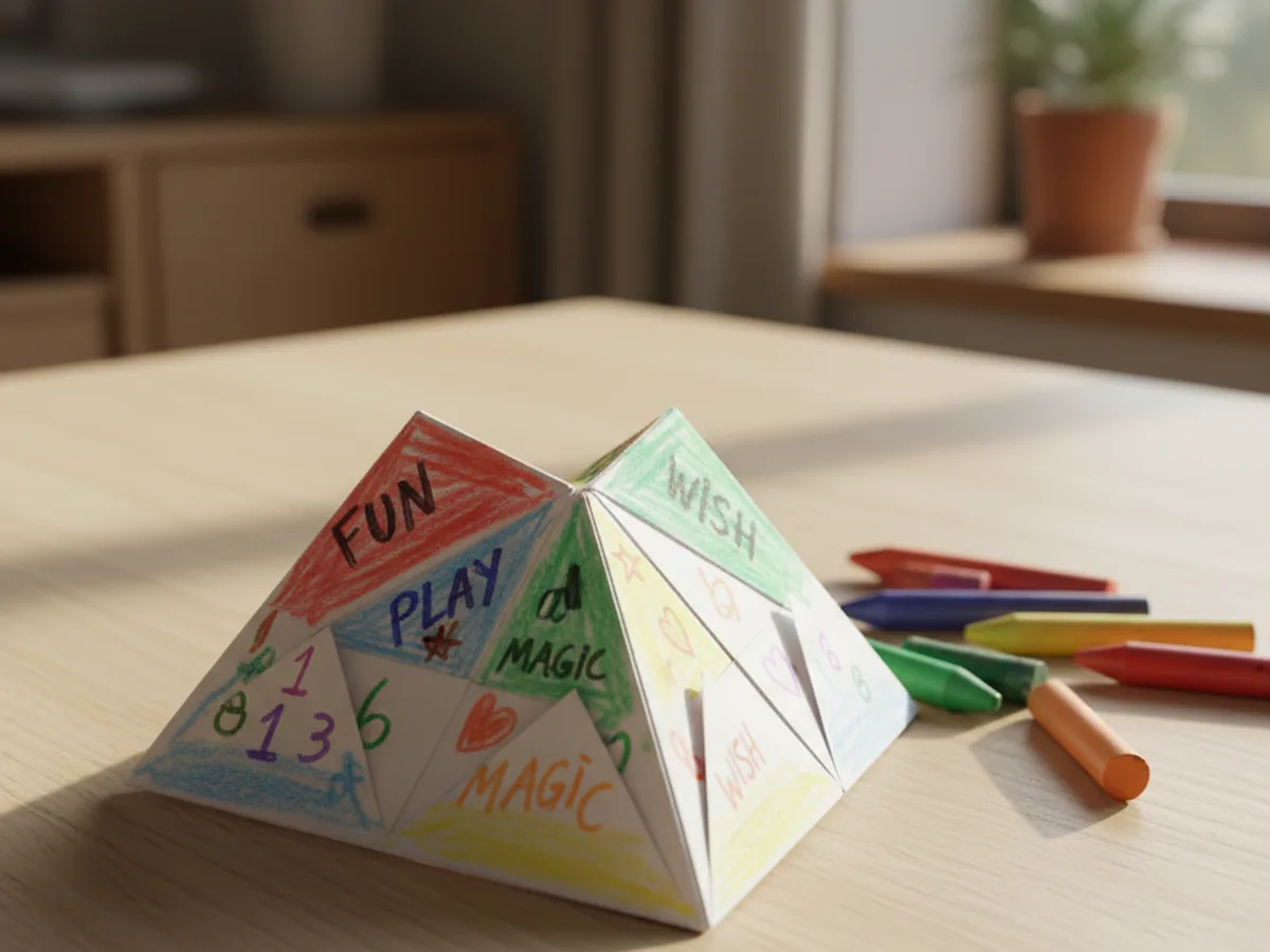 A handmade origami paper fortune teller with colorful numbers and written fortunes on a white craft table