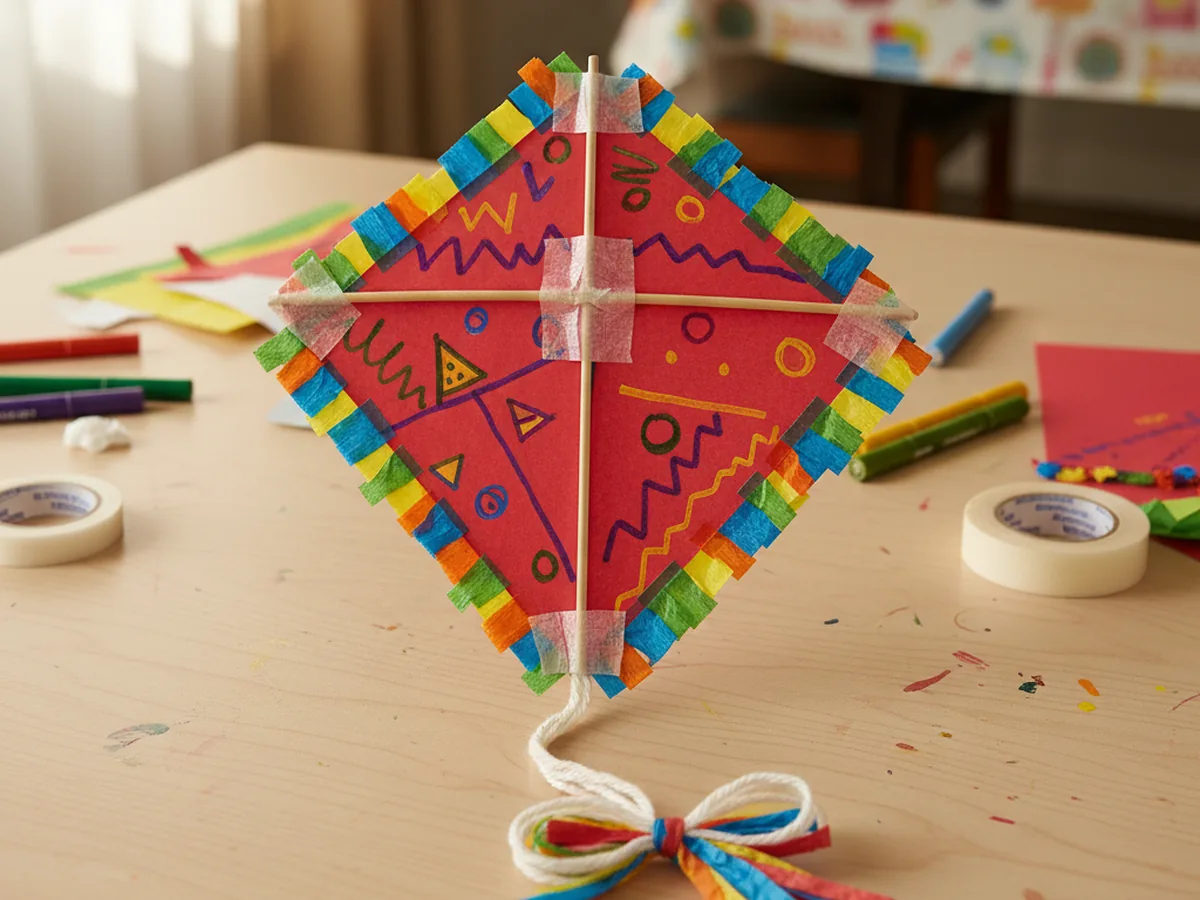 A handmade paper diamond kite decorated with marker patterns and tissue paper bow tail with a long yarn string on a craft table