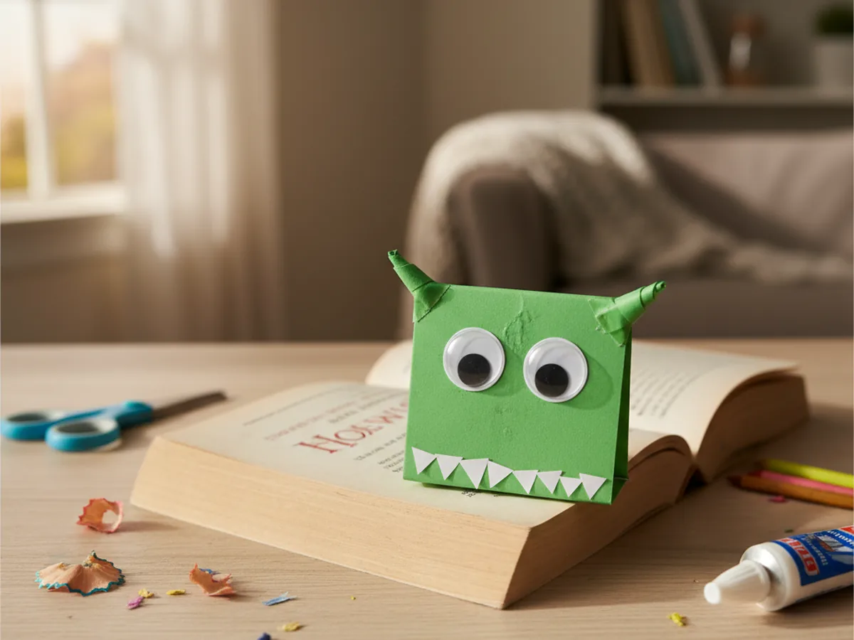 A handmade green paper monster corner bookmark with googly eyes and paper teeth sitting on the corner of an open book