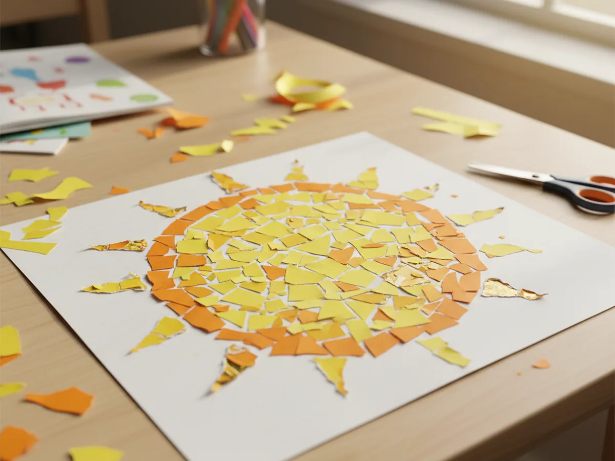 A handmade paper mosaic of a bright sun shape filled with small torn pieces of yellow and orange construction paper on a white background