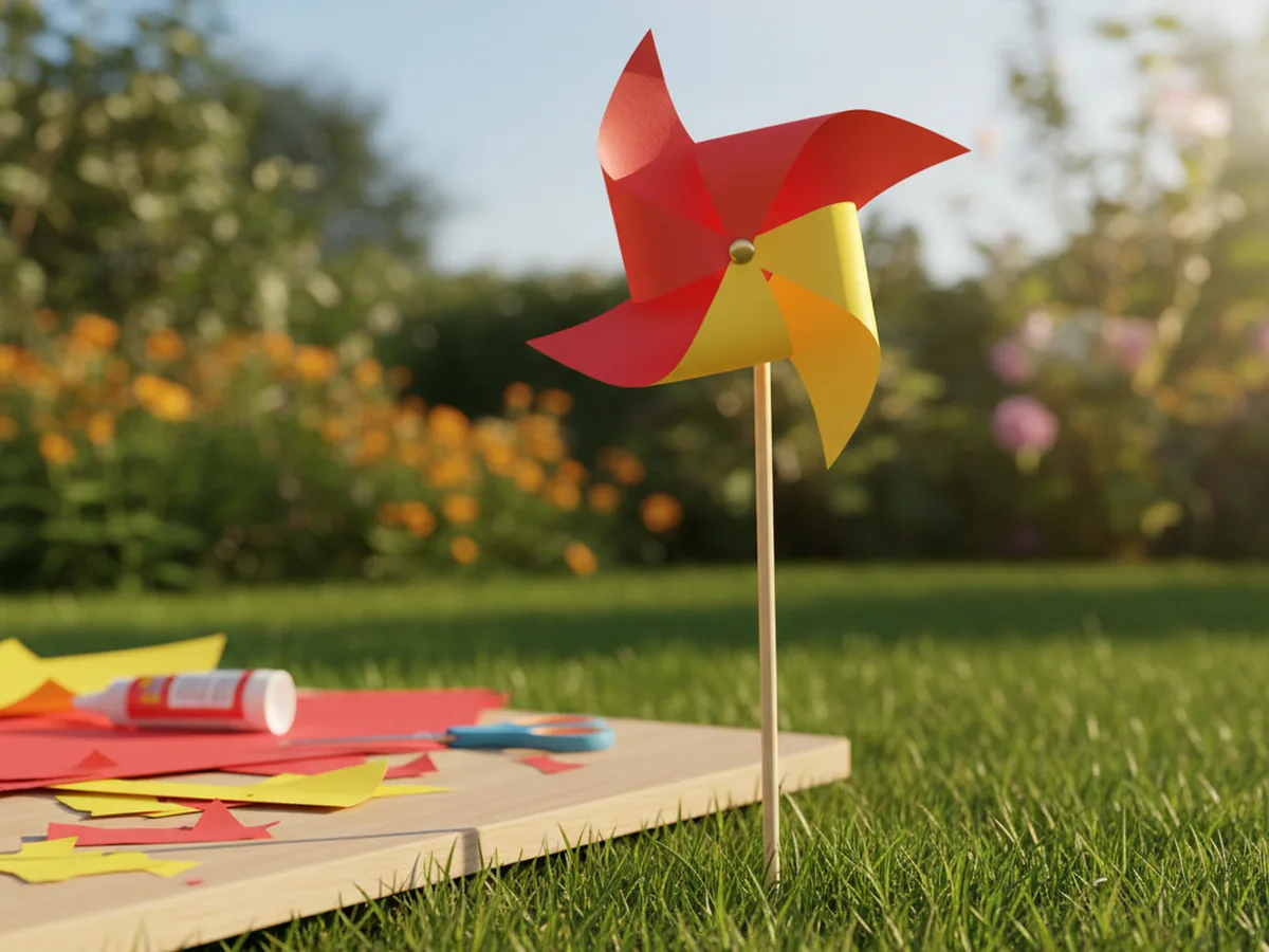 A handmade paper pinwheel in bright red and yellow attached to a wooden skewer sitting in a garden on a sunny day