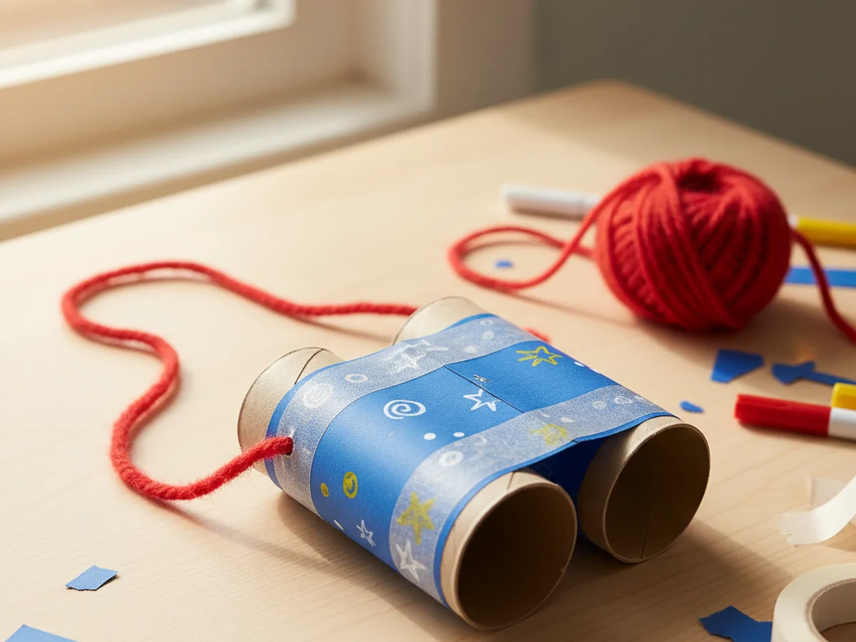 Handmade paper roll binoculars made from two toilet paper tubes wrapped in blue paper with a yarn neck strap on a craft table
