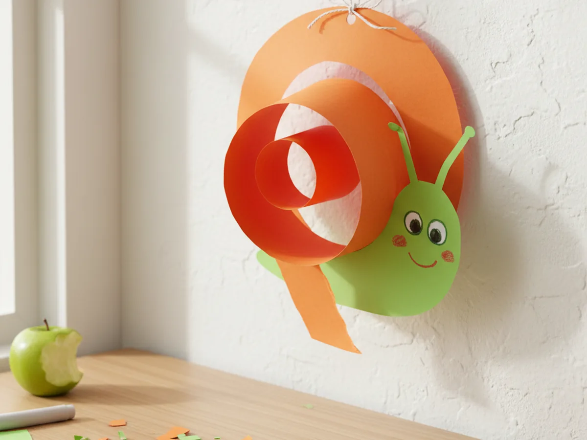 A handmade paper spiral snail with a coiled shell hanging from a string and a small green paper body on a white background