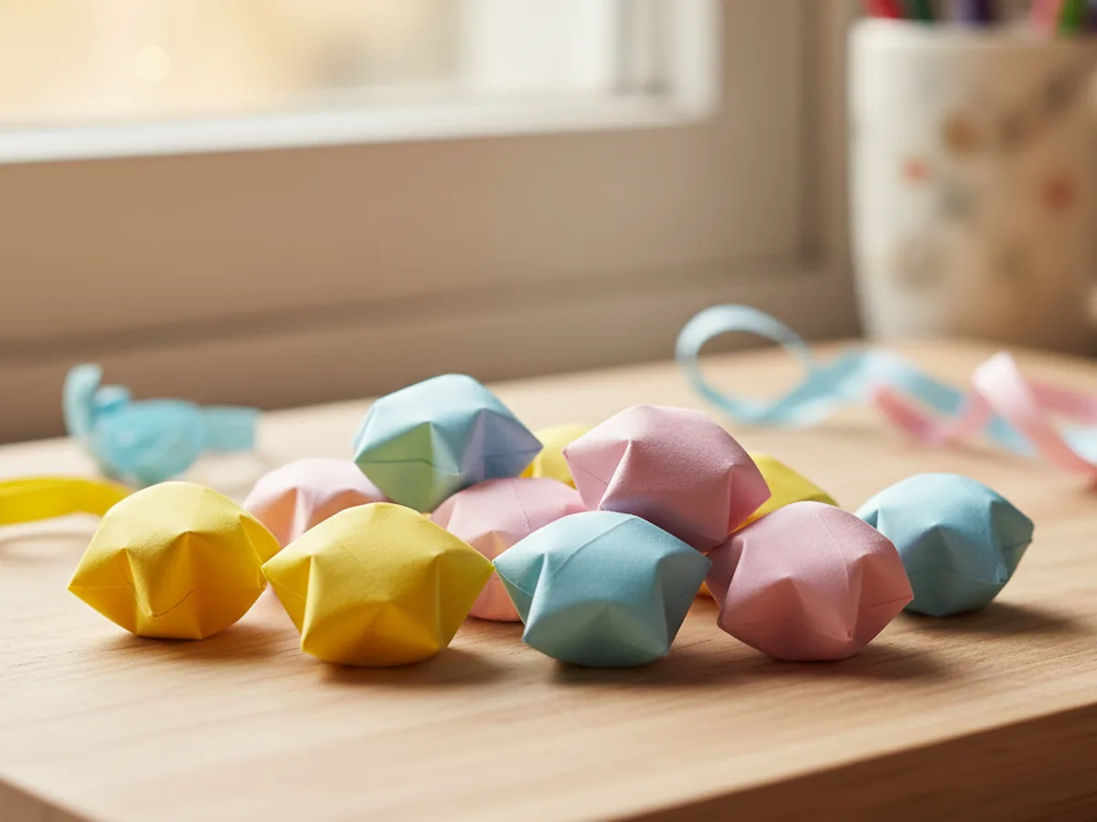 Several handmade 3D folded paper stars in yellow, pink, and blue clustered together on a wooden craft table