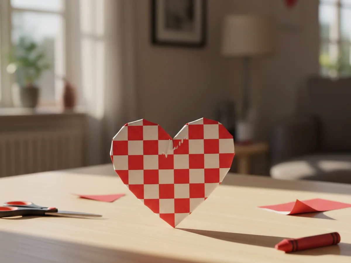 A handmade paper woven heart in red and white checkerboard pattern lying flat on a light wood craft table
