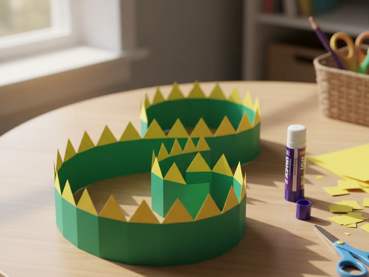 A long yellow zigzag spike strip glued along the top of the curvy green dragon body to form the back ridge of the paper dragon