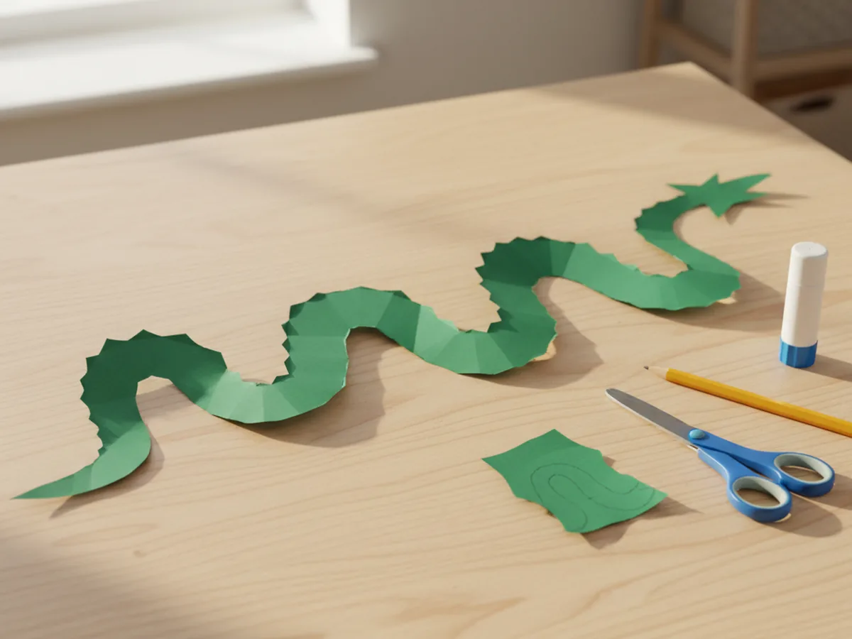 A long curvy S-shaped green construction paper dragon body cut out and lying on a white craft table next to scissors and a pencil