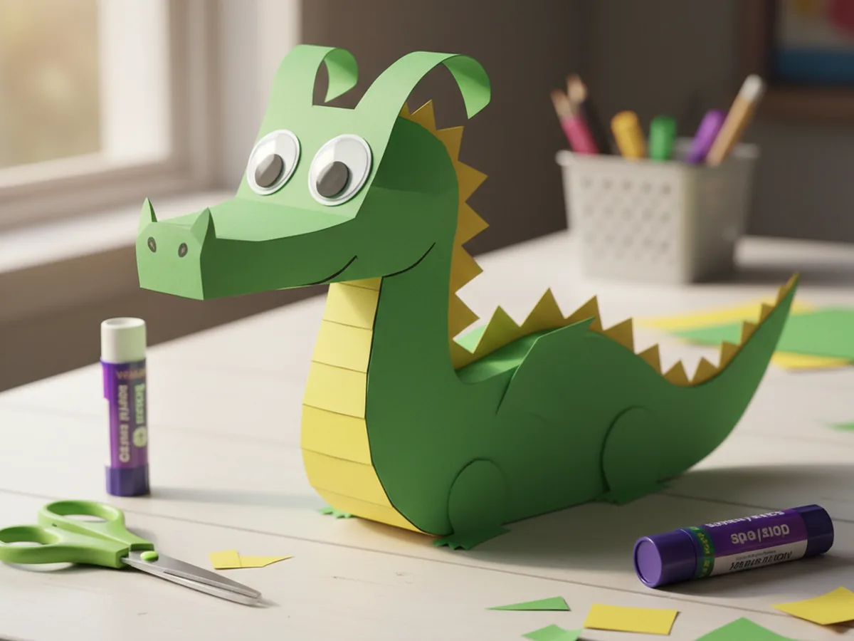 The green dragon head decorated with two googly eyes on top and two small black nostril dots drawn on the snout with a marker