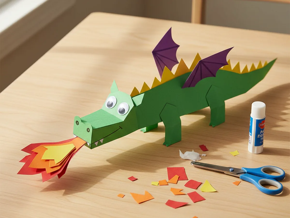 The finished dragon paper craft with red, orange, and yellow layered paper flames glued in front of the snout, completing the friendly fire-breathing dragon