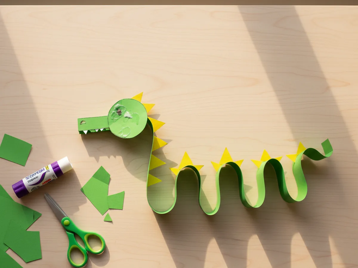 A rounded green dragon head with a small snout glued to one end of the curvy green body with yellow zigzag back spikes