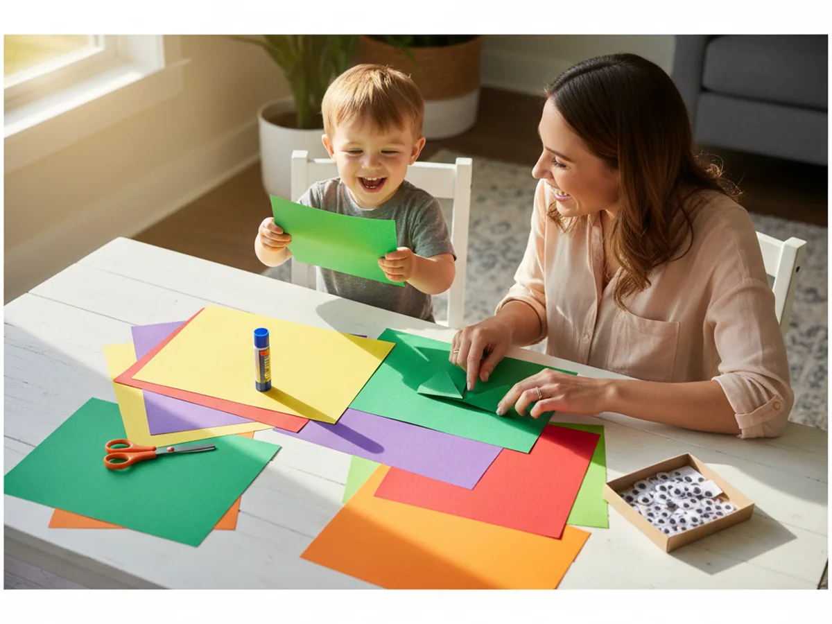A mom and young child sitting together at a craft table with green, yellow, purple, red, and orange construction paper, scissors, and googly eyes, getting ready to make a dragon paper craft