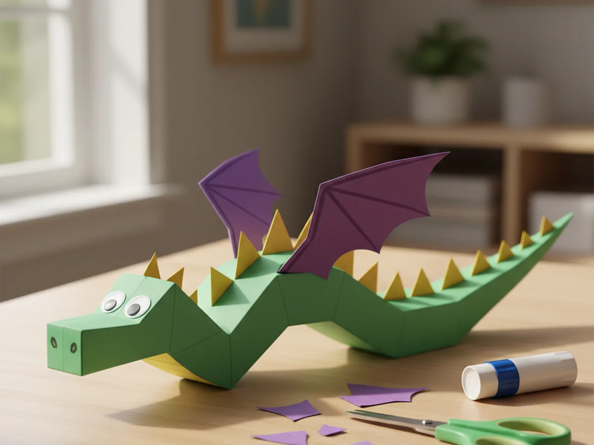 Two purple bat-style wings glued to the middle of the green dragon body, spreading outward over the yellow back spikes