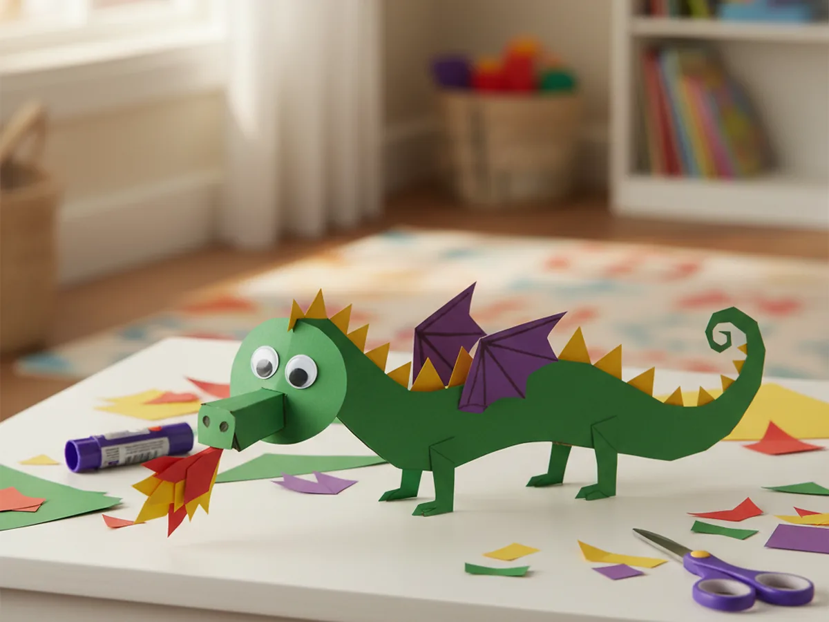 Finished green dragon paper craft with yellow back spikes, purple wings, googly eyes, and red and orange paper flames coming from its mouth on a white craft table