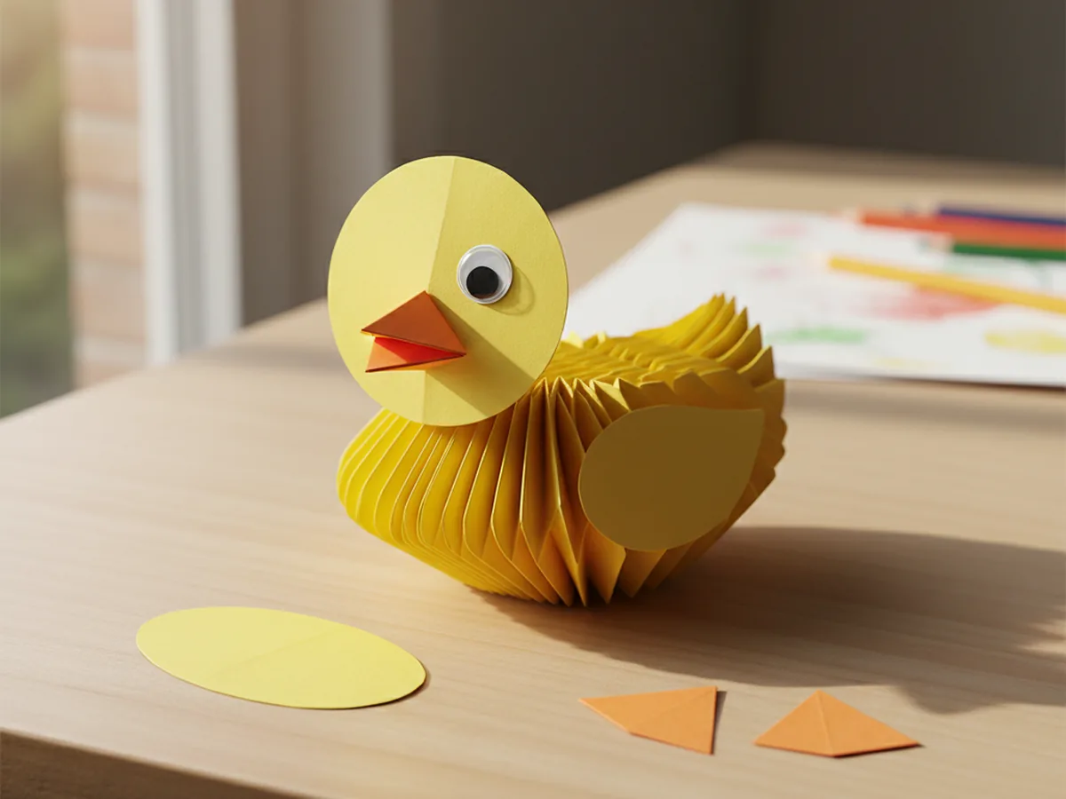 A folded orange paper beak glued onto the front of the yellow paper duck head with a googly eye stuck just above it, giving the duck a sweet expressive face on a white craft table