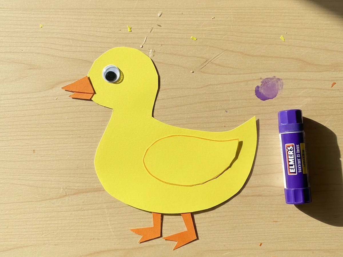 The yellow paper duck now with a smaller yellow oval wing glued onto the side of the body and two orange triangle feet peeking out from the bottom edge, displayed on a white craft table