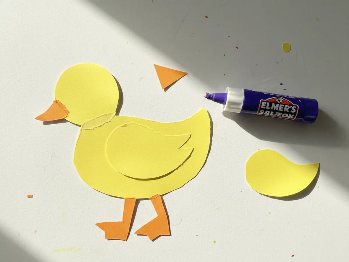 A small round yellow paper head glued onto the upper left of a larger yellow oval body, slightly overlapping the body so the duck shape looks connected, sitting on a white craft table with a glue stick beside it
