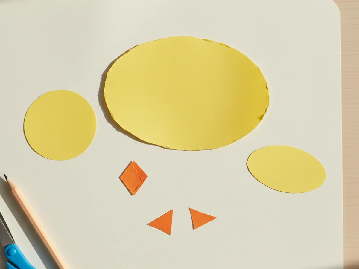 A small orange diamond beak shape, two small orange triangle feet, and a smaller yellow oval wing arranged neatly on a white craft table next to the larger yellow body and head shapes for a duck paper craft