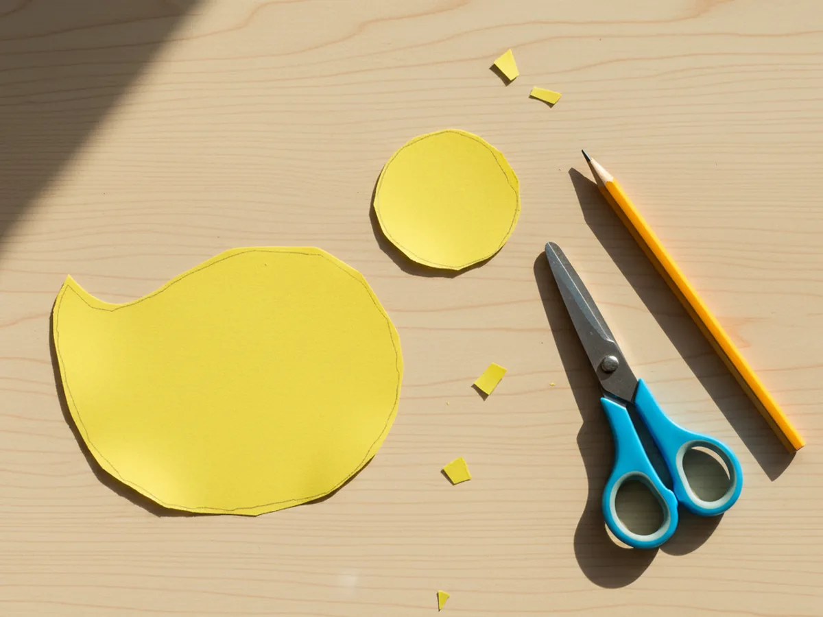 A large oval shape and a smaller round head shape cut from bright yellow construction paper resting on a white craft table next to kid scissors and a pencil, ready to be assembled into a paper duck body