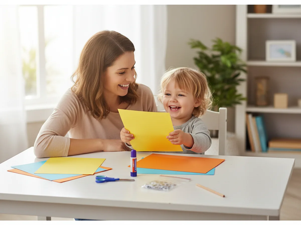 A mom and her young child sitting together at a craft table with sheets of yellow, orange, and blue construction paper, kid scissors, a glue stick, and googly eyes, smiling and getting ready to start a duck paper craft