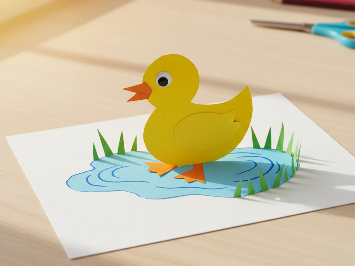 The finished duck paper craft mounted on a wavy blue construction paper pond with thin green paper grass blades and small marker drawn water ripples around the yellow duck, displayed on a white craft table