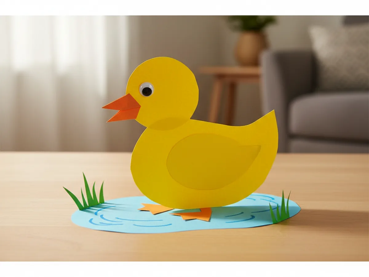 Finished duck paper craft made from a bright yellow construction paper body and head, an orange folded paper beak, two orange triangle feet, a small wing, and a googly eye, mounted on a wavy blue paper pond with green paper grass