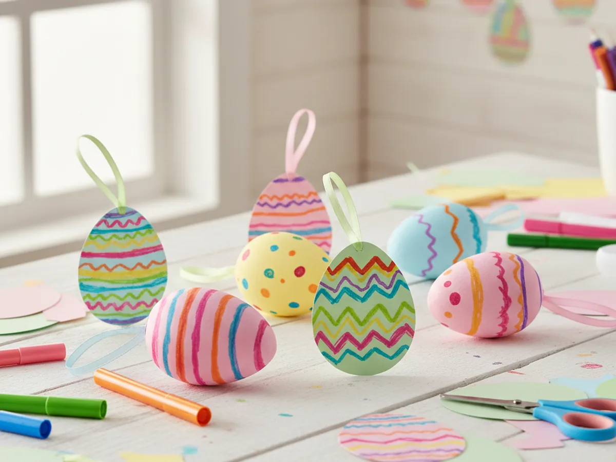 Colorful handmade paper Easter eggs decorated with stripes and dots on a craft table