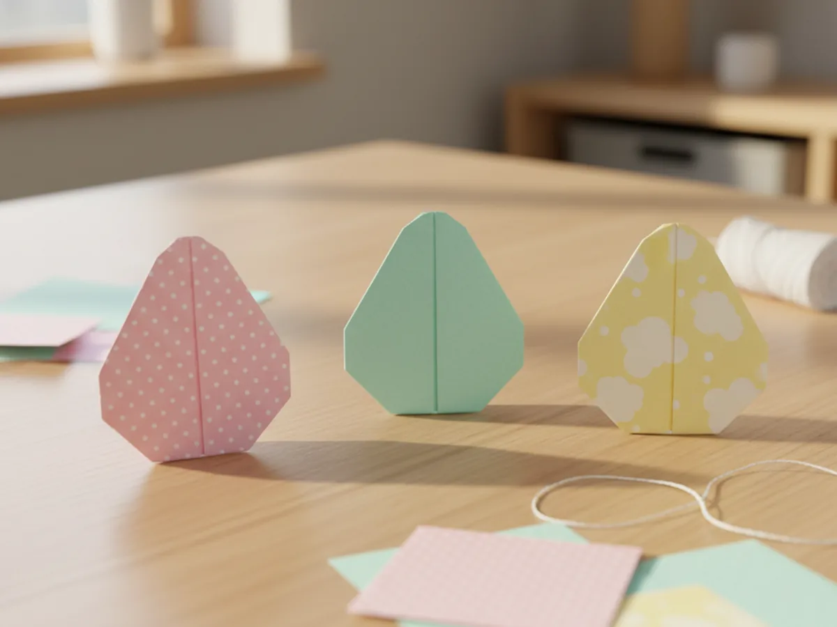 Handmade origami Easter eggs folded from pastel and patterned paper in spring colors