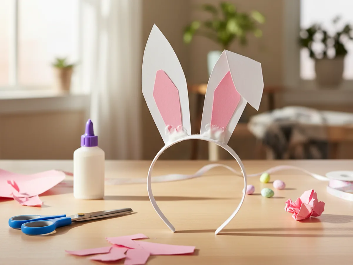 Handmade white paper bunny ears headband with pink inner ears sitting on a craft table