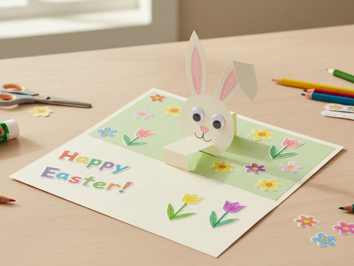 Handmade paper bunny pop-up Easter card opened to reveal a bunny face that springs up