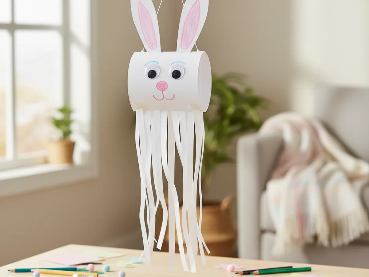 Handmade paper bunny windsock with a bunny face and white paper strip tails hanging from a string