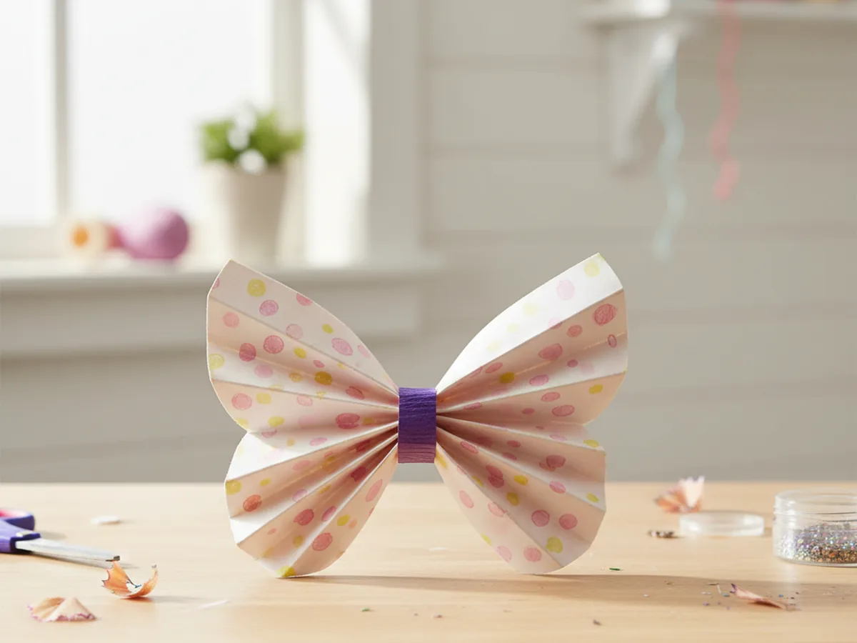 Handmade accordion-folded paper butterfly in pastel spring colors on a craft table