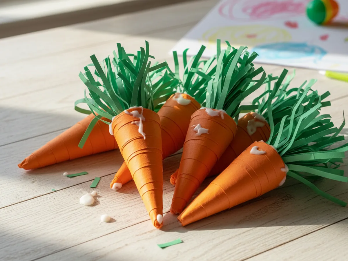 Handmade paper carrot cones made from orange construction paper with green paper tops