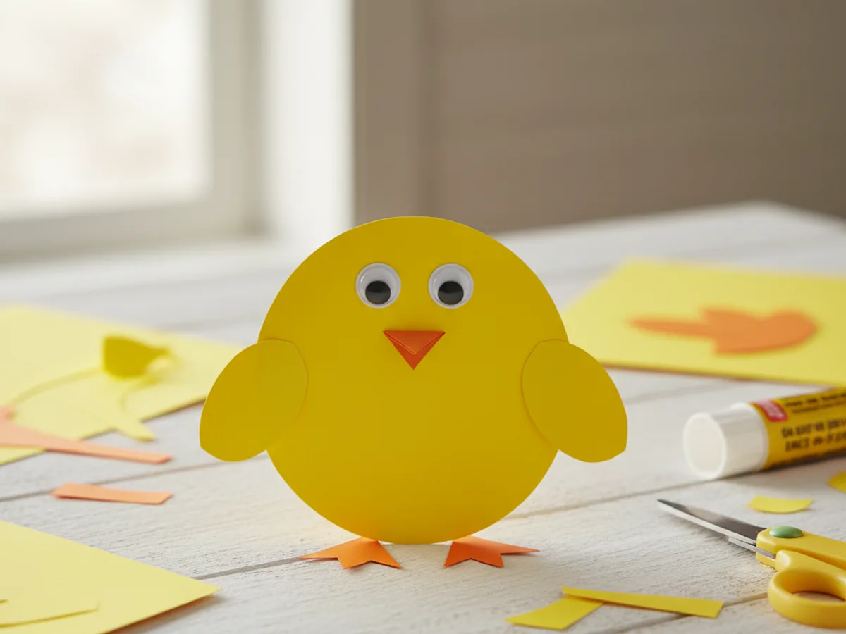 Handmade yellow paper chick with orange beak and googly eyes on a spring craft table