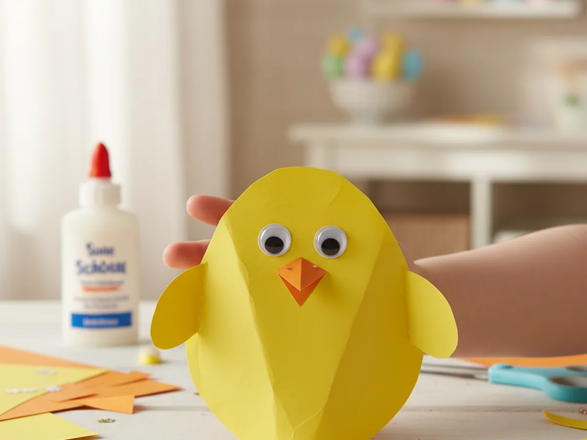 Handmade yellow paper chick hand puppet with orange beak and small paper wings