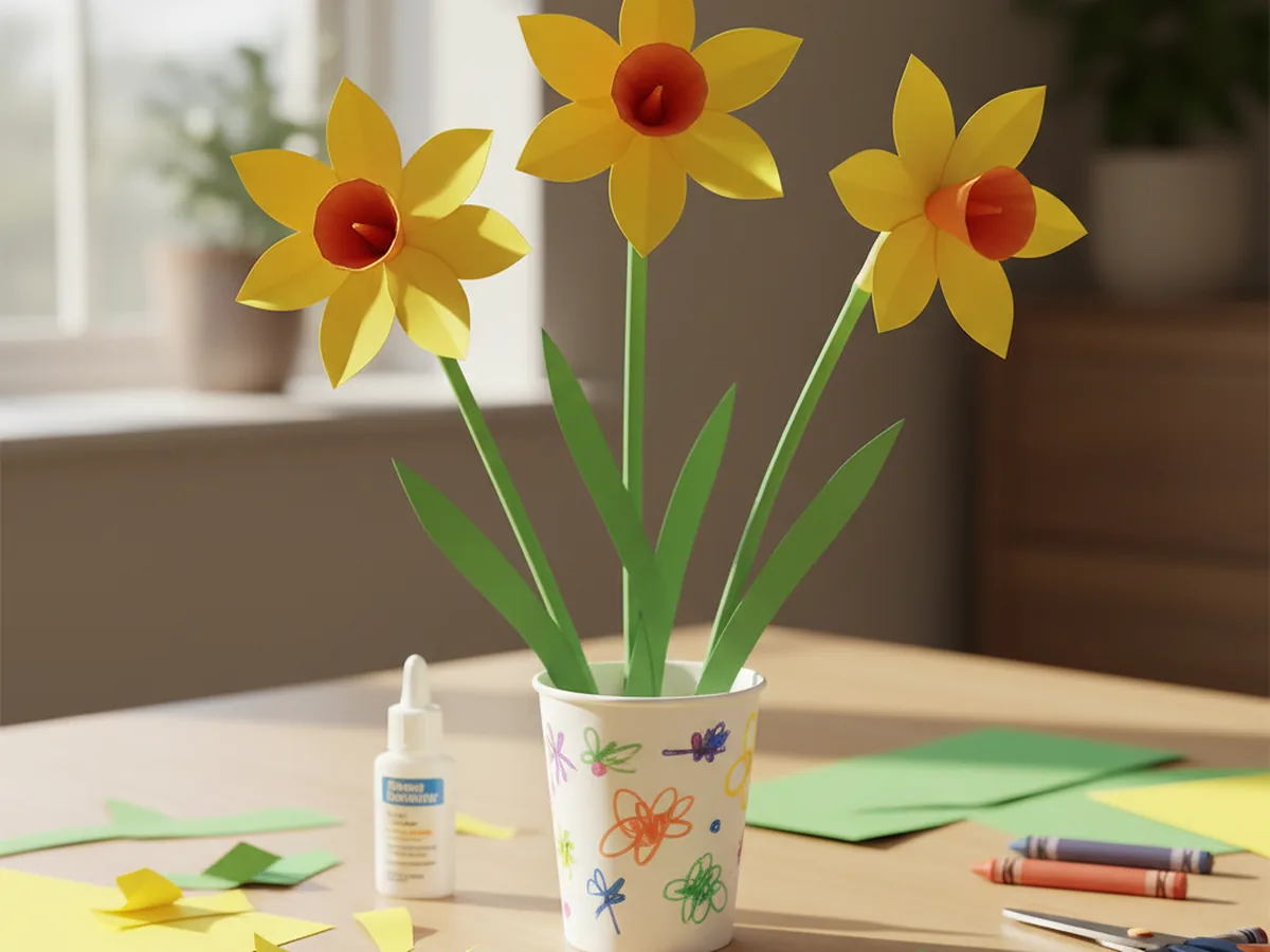 Handmade paper daffodils with yellow petals and orange cone centers in a paper cup vase